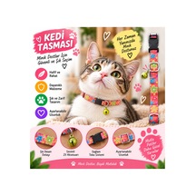 Kedi Tasması Mercan Renkli Çiçek Desenli Zilli Ayarlanabilir Klipsli Kumaş Kedi Boyun Tasması