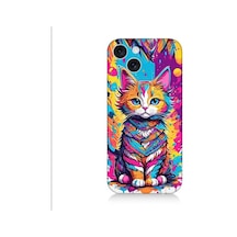 Apple Uyumlu iPhone 15 Renkli Sevimli Kedi Desenli Silikon Kılıf