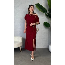 Hazego Kadın Kısa Kollu Tek Omuzdan Açık Beli Lastikli Sandy Maxi Elbise Bordo