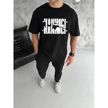 Erkek Tişört Kısa Kol Bisiklet Yaka Katlanan Hanımcı Baskılı T-shirt - Siyah