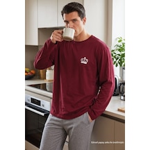 Siyah İnci Nakışlı Pamuklu Likralı Örme Pijama Takım 26241801 bordo