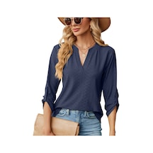 Sones Düz Renk Jakarlı V Yaka Düğmeli Üç Çeyrek Kol Bol Tişört Üst Lacivert