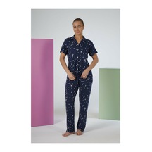 Estiva Kadın Gece Desenli Lacivert Kısa Kollu Önden Düğmeli Soft Pijama Takımı Çok renkli