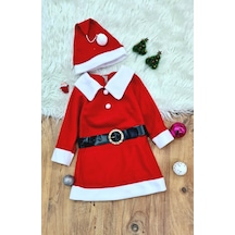 Kız Çocuk Noel Anne Yılbaşı Kostümü Etekli Şapkalı Elbise Yılbaşı Noel Baba Kostümü Beyaz - Kırmızı