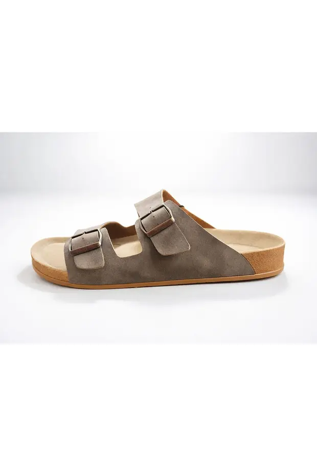 Look Life S963.001 Erkek Büyük Ayak Çift Tokalı Comfort Terlik Vizon