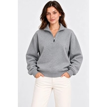 Üç İplik İçi Şardonlu Dik Yaka Yarım Fermuarlı Kışlık Sweatshirt - Gri