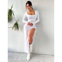 Beyaz Kriptografik İpli Bacak Dekolteli Maksi Elbise Beyaz Beyaz Kriptografik İpli Bacak Dekolteli Maksi Elbise Beyaz