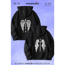 Macklin Sevgili Çift Kombin Angel Ve Guardian Baskılı Özel Tasarım Kapüşonlu Sweatshirt 2li Set Takım Siyah Mck1034 Siyah