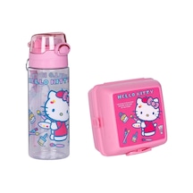 2'li Set Hello Kitty 4 Bölmeli Çocuk Beslenme Kabı Kaşık Ve Çatallı-500ml Pipetli Askılı Su Matarası Pembe