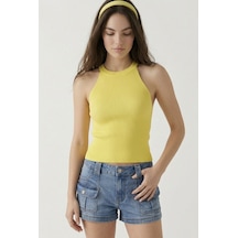 Neden Tekstil Kadın Fitilli Halter Yaka Crop Bluz - Sarı