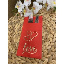 Gold Kırmızı Cepli Aır Touch Kalpli Love Yazılı Peçete 12 Adet 40 x 40 CM