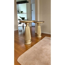 Modern Mantar Sehpa 2 Li Set Ahşap Ve Altın Varak Yan Sehpa