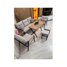 Houseart Dora 3 -1 - 1 + Masa + 2 Adet Puf , Balkon, Bahçe, Teras, Cafe - Salon - Metal Kanepe Koltuk Takımı , Çay Seti Açık Gri