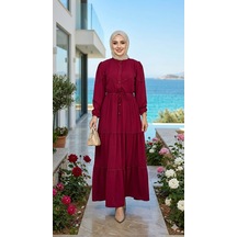 Hb Harma Time Butik Kadın Dantel Detaylı Beli Bağcıklı Ayrobin Bordo Elbise