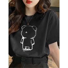Lonely Bear Süprem T-shirt - Siyah Baskılı Oversize Bisiklet Yaka Tişört Siyah-76378