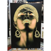 Sepya Tonlu Altın Sim Işlemeli Afrikalı Kadın Kanvas Tablo