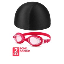 Set Yüzücü Gözlüğü Kumaş Bone Set Yüzme Havuz Deniz Gözlüğü Ve Bone Pembe
