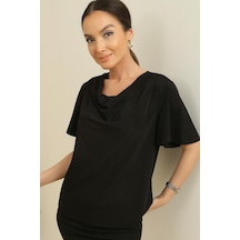 By Saygı Degaje Yaka Kristal Kumaş Kısa Kollu Bluz-35750-siyah