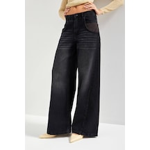 Itsbasic Kadın Koyu Füme Renk 2w5-1 Palazzo Fit Bol Kesim Cep Detaylı %100 Koton Denim Jean