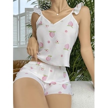 Red Womans Pamuklu Beyaz Üstüne Çiçek Desen Fırfır Askılı Şortlu Pijama Takı