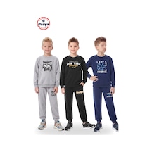 Panios Kids 3'lü Yuvarlak Yaka Baskı Detaylı 6 Parça Erkek Çocuk Eşofman Takımı Gri - Siyah - Lacivert