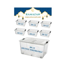 Ramazan Saklama Kutusu Kilitli Tekerlekli 1 Adet 80 Lt + 6 Adet 10 Lt Gıda Temasına Uygun Antrasit Beyaz