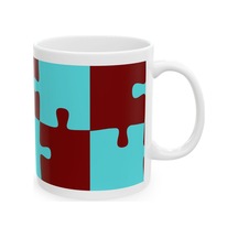 Bordo Mavi Puzzle Desenli Hediyelik Baskılı Porselen Beyaz Lüks Kupa Bardak Beyaz