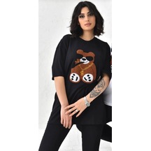 Unisex Sevgili Kombini Çift Unicex Peluş Tişört Siyah
