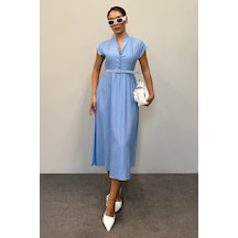 Madmext Bebe Mavisi Kısa Kollu Midi Boy Kadın Elbise Mg2497 Bebe Mavisi