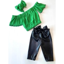 Özge Başaran Kız Çocuk, Likralı Deri Fiyonk Detaylı Pantolon, Yeşil Straplez Crop Bluz Ve Saç Yeşil