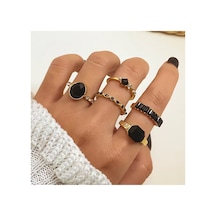 Noir Gold Altın Renkli Kristal Siyah Taşlı Şık Modern Bohem 5 Parça 5'li Yüzük Seti