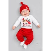 Babyden's İlk 29 Ekim Cumhuriyet Bayramım Baskılı 3'lü Bebek Takımı 100 Pamuk Uzun Kollu Çıtçıtlı Body Pantolon Bere Seti Kırmızı - Beyaz