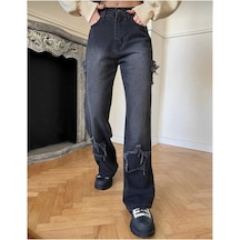 2424 Kadın Yıldız Detaylı Baggy Jeans Kot Denim Pantolon Siyah