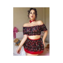 İkikareshop Büyük Beden Siyah Üstüne Gül Desenli Fantezi Etekli Büstiyer Takımı Siyah