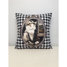 Şapkalı Kedi Kaz Ayağı Desen Kırlent Kılıfı Renkli