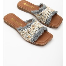 Kadın Düz Topuklu Terlik Gri Taşlı Püsküllü Kalın Tekbant-3924 Gri