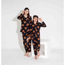 Yeni Sezon Sonbahar/kış Kız Çocuk Ayıcık Desenli Süet Pijama Takımı 2724-1 Siyah Ayıcık Siyah-turuncu