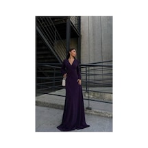 DefyModa Kadın Krep Kumaş Kruvaze Yaka Yırtmaçlı Maxi Abiye Elbise Mor