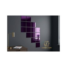 Dekoratif Kare Pleksi Ayna Görünümlü 1mm Mor Violet Renk Kendinden Yapışkanlı 12 Adet Duvar Süsü Mor Mor