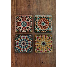 Geometrik Desen Baskılı Doğal Taş Bardak Altlığı 4'lü Set 10x10cm - Stone Coasters Çok Renkli