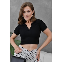Park Karon Kadın Siyah Polo Yaka Basic Crop Body Siyah
