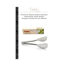 Premium Akşam Düzen Davetler Paslanmaz Çelik Delikli Süzgeçli Salata Servis Maşası Gümüş