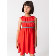 Sheshe Büzgülü Kırmızı Kolsuz Kız Çocuk Elbise Renkli