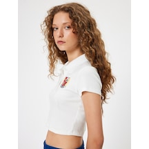 Koton Polo Yaka Tişört Crop Düğmeli Kısa Kollu Kolej İşlemeli Slim Fit Ekru 4sal11196ık Ekru