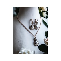 Kristal Taşlı Antik Bronz Su Damlası Kolye Ve Küpe Seti 5419004