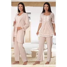Effortt Dvina Lohusa Hamile Sabahlıklı Dantel Detaylı Ve Kısa Kollu Pijama Takımı -3'lü Set- Bej Bej