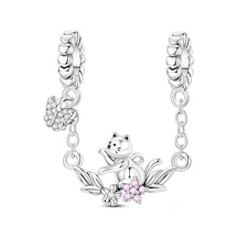 Miniş Kedi Ve Kelebeği Zincir Sallantılı Charm Gümüş