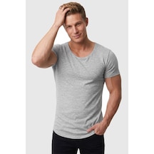 Rizzup Erkek Gri Slim Fit %90 Pamuk Açık Yaka Oval Kesim Likralı Basic Tişört 1801199