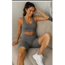 Cocosushicooo Kadın Gri Spor Takım Yüksek Bel Toparlayıcı Biker Tayt Ve Sırt Detaylı Spor Büstiyer