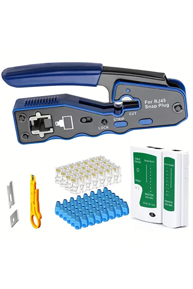 Yeni Nesil Pense Cat7/cat6 8p8c + 100 Adet Delikli Jak + Test Cihazı + 100 Adet Cover + Kablo Soyucu Network Set